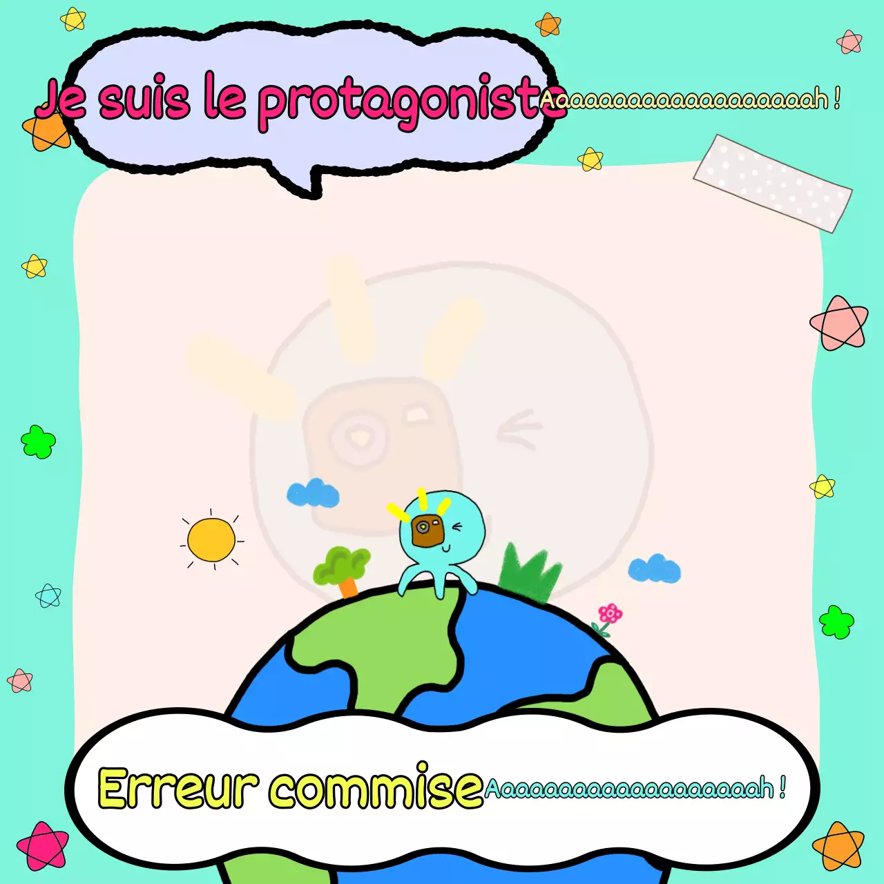 Un amusant billet de mochi gribouillé avec un fond menthe et un personnage de pieuvre bleu clair.
