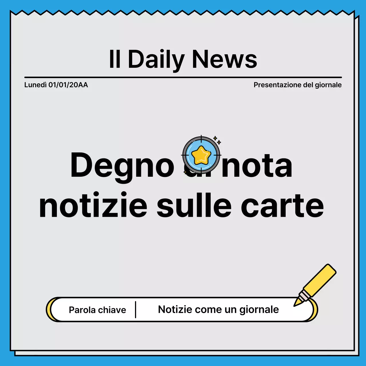 Cartolina di notizie in grassetto, che attira l'attenzione, con un concetto di giornale e colori d'accento gialli e azzurri.