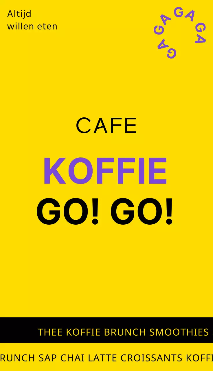 Een eenvoudig uithangbord voor een café in geel, zwart en paars met tekst en vormen in verband met het Gogo Coffee café.