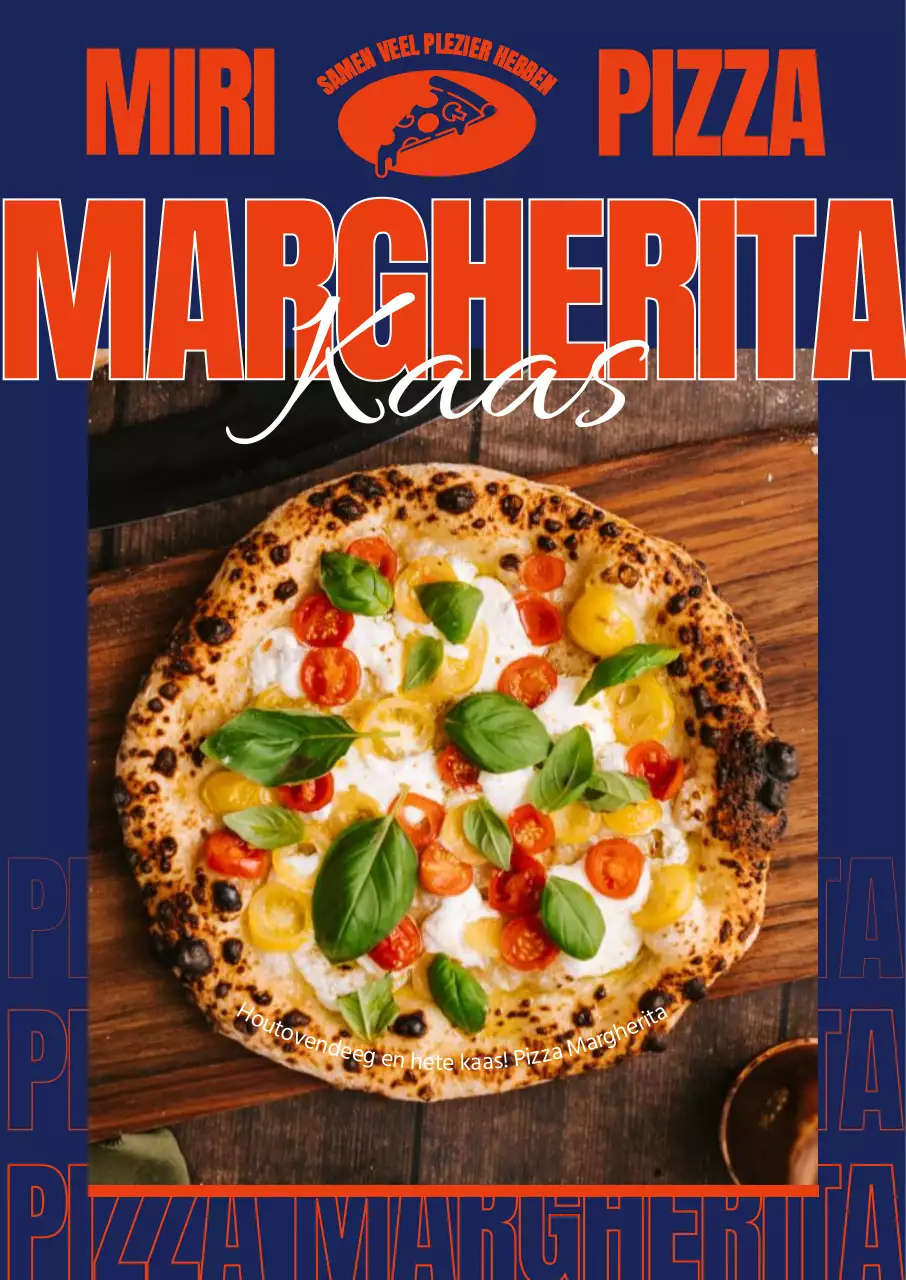 Pizza-menu met een heldere marineblauwe achtergrond en een dynamisch, vetgedrukt oranje lettertype