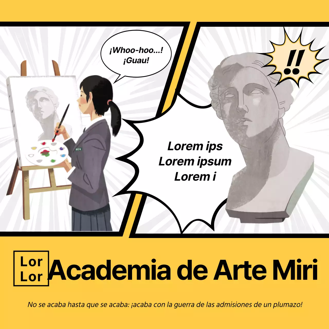 Concepto de webtoon amarillo para la promoción del examen de acceso a la escuela de arte
