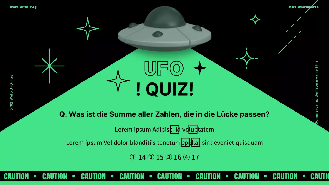 Einführung in den Welt-UFO-Tag mit lila und grünen Akzenten auf schwarzem Hintergrund