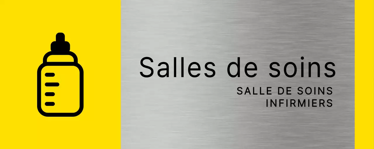Signalétique simple en jaune et noir avec le nom de la salle de lactation du bâtiment et une icône carrée de biberon.