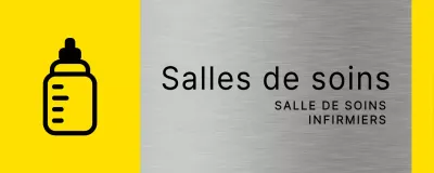 Signalétique simple en jaune et noir avec le nom de la salle de lactation du bâtiment et une icône carrée de biberon.