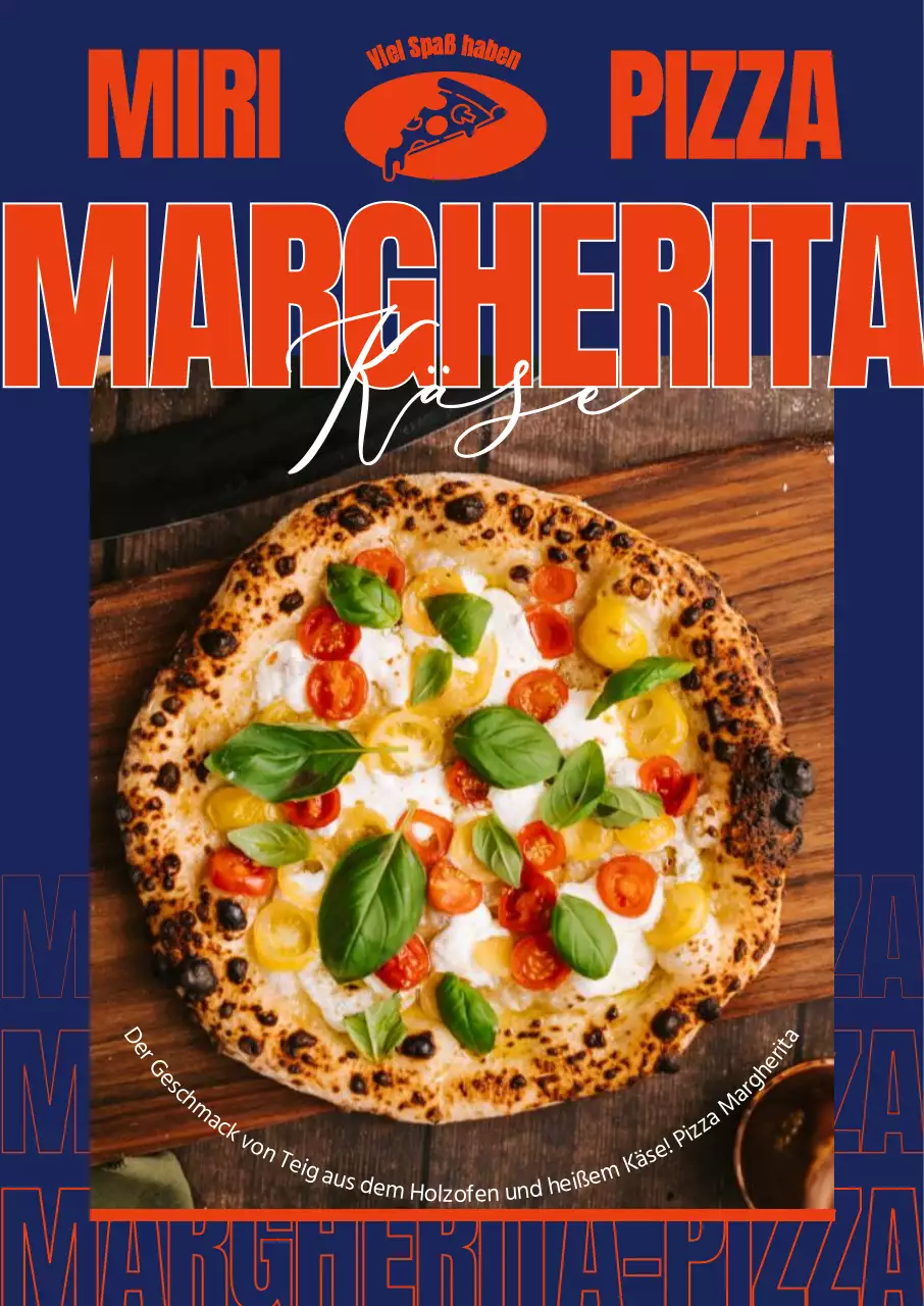 Pizzakarte mit klarem marineblauem Hintergrund und dynamischem, fett orangefarbenem Schriftlayout