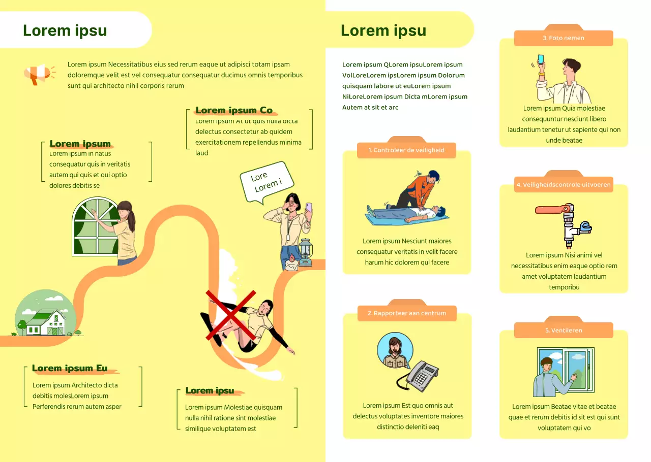 Veiligheidsvoorbereidingstips voor rampen Tyfoon Openbare instellingen Geelgekleurde pamfletten Folders