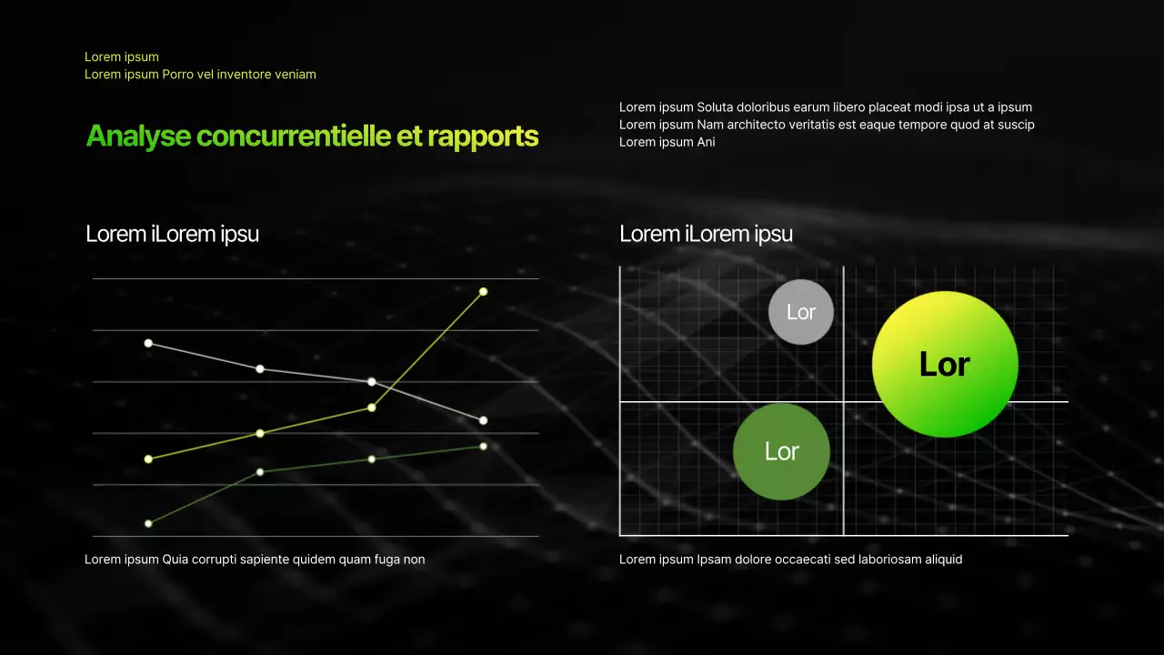 Présentation infographique d'entreprise avec un thème dégradé noir et chartreuse