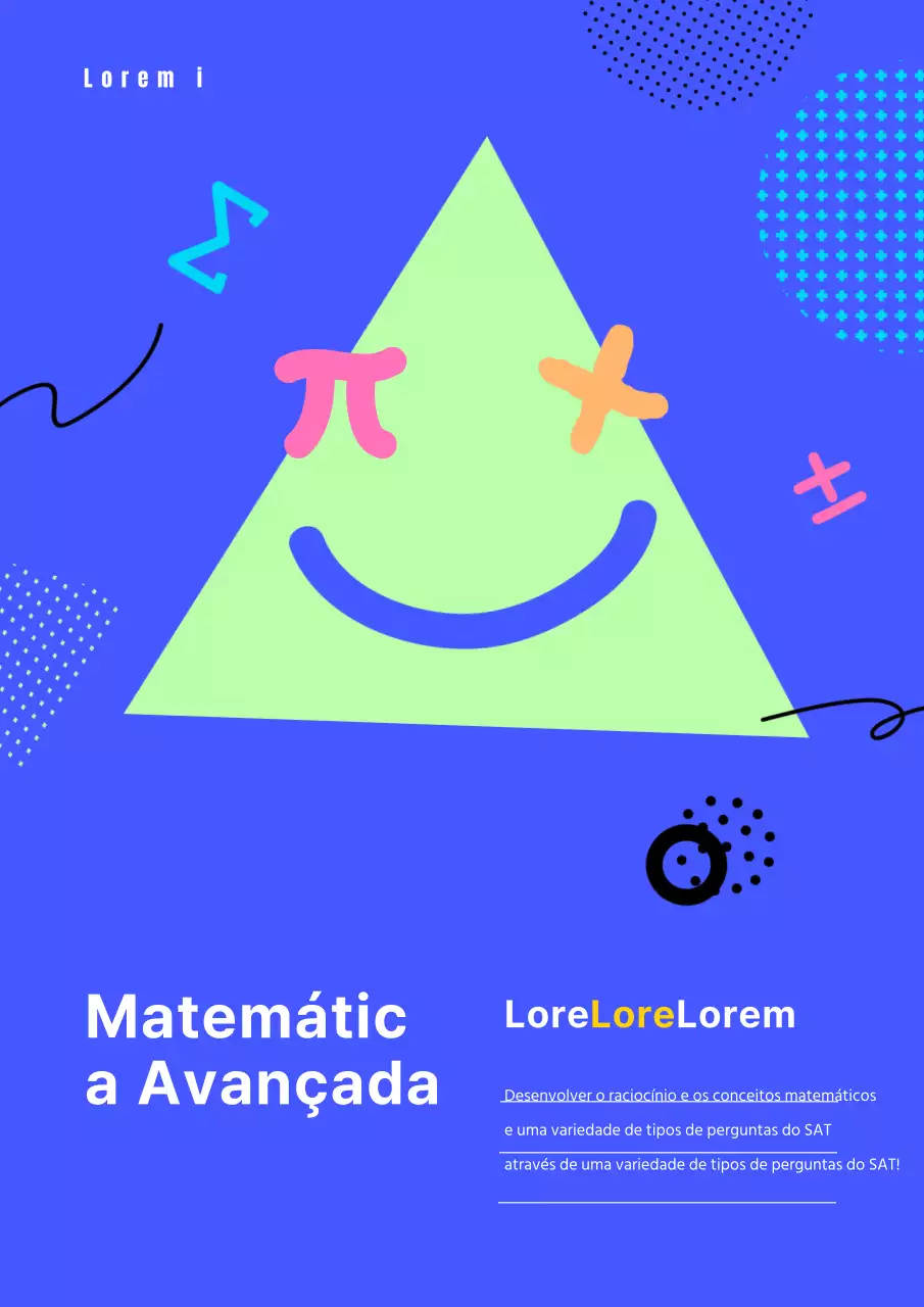 Livro de exercícios de matemática para o ensino secundário e básico com símbolos matemáticos e formas geométricas em roxo, verde lima e amarelo