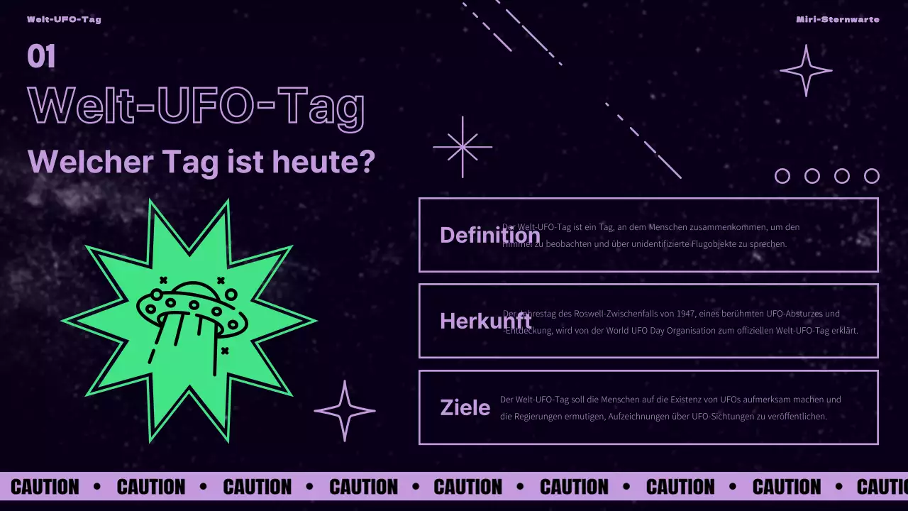 Einführung in den Welt-UFO-Tag mit lila und grünen Akzenten auf schwarzem Hintergrund