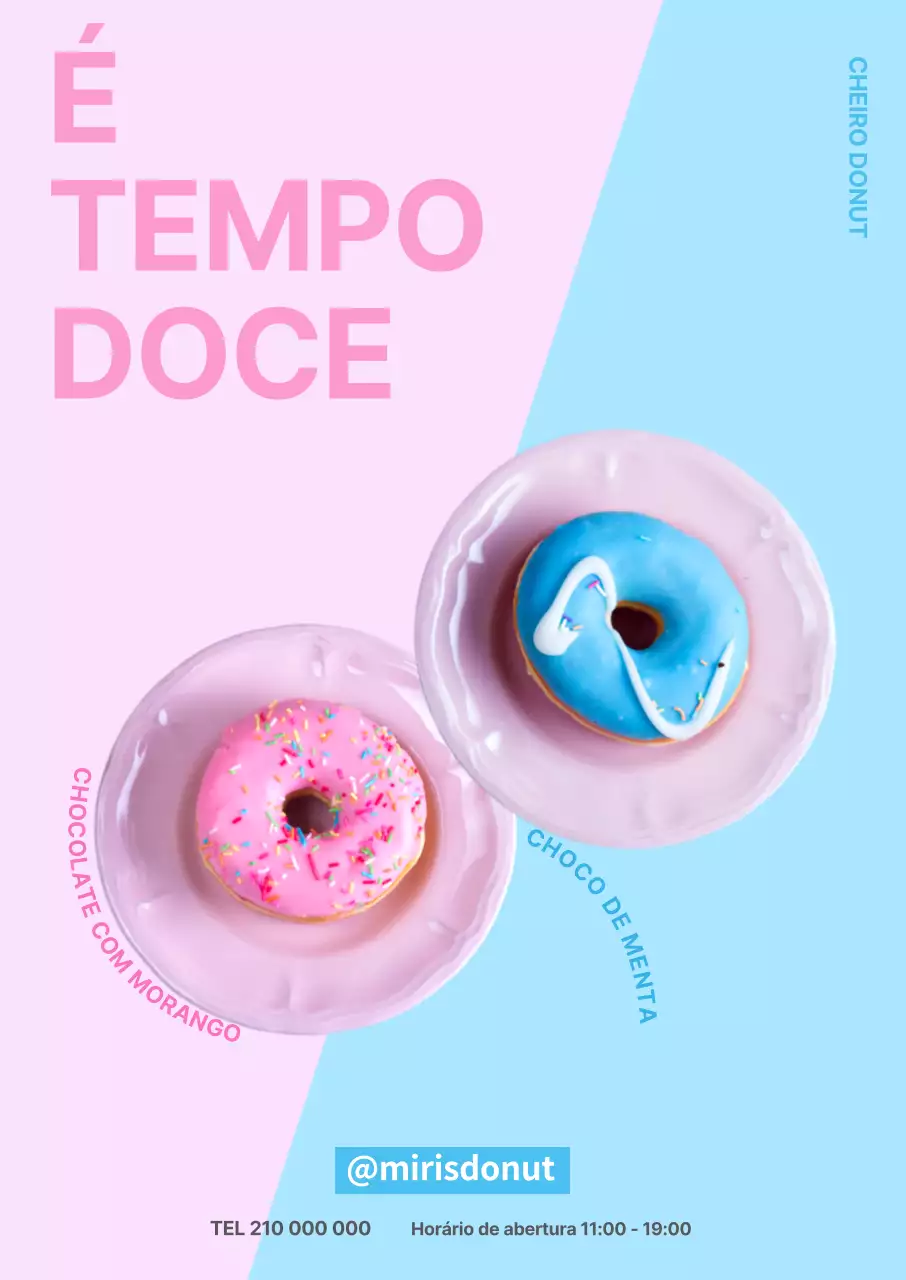 Cartaz de donut dividido ao meio com um fundo cor-de-rosa e menta