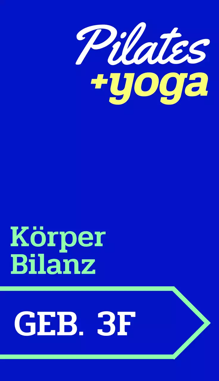 Ein angesagtes Werbeschild mit buntem Yoga-Pilates-bezogenem Text und Pfeilformen.