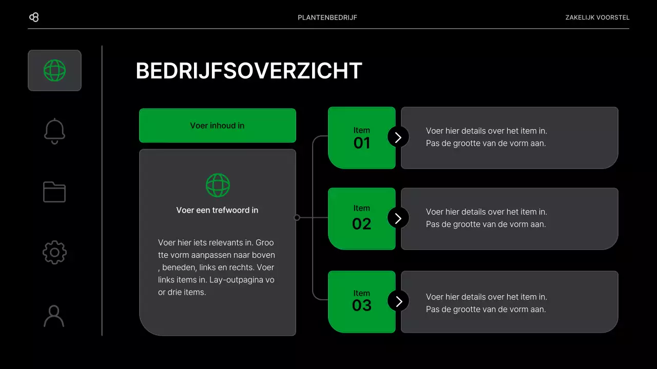 Zakelijk voorstel voor een bedrijf met een zwart en groen natuurlijk bladconcept