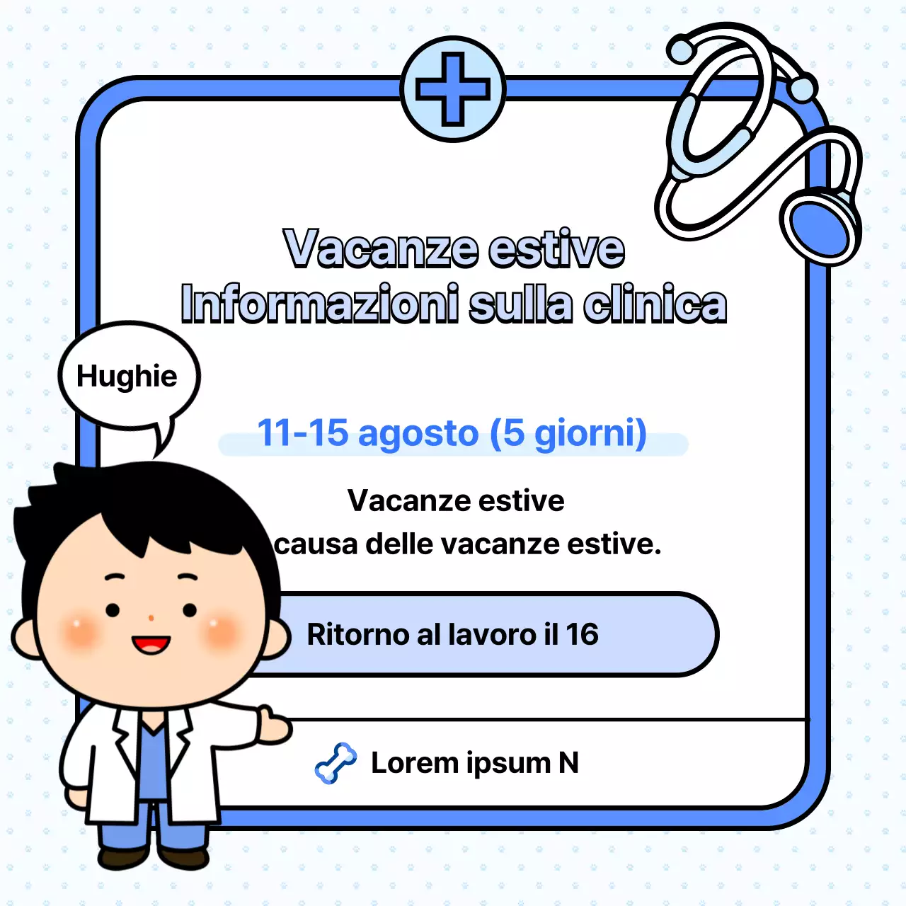 Annuncio kitsch di chiusura estiva dell'ospedale in bianco e blu
