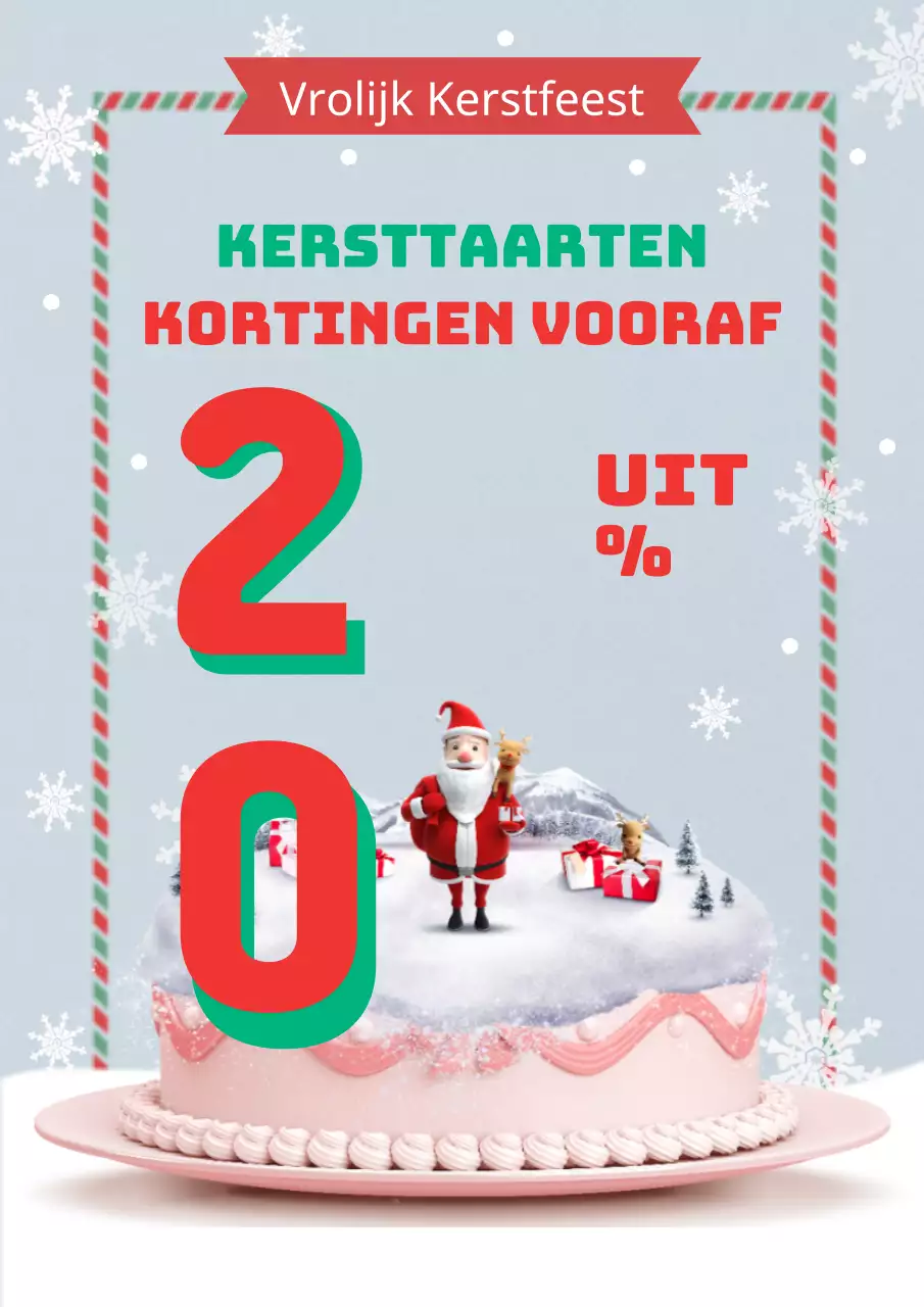 Flyer ter promotie van een verkoopactie van een kleurrijke kerstcake in rood en lichtblauw.