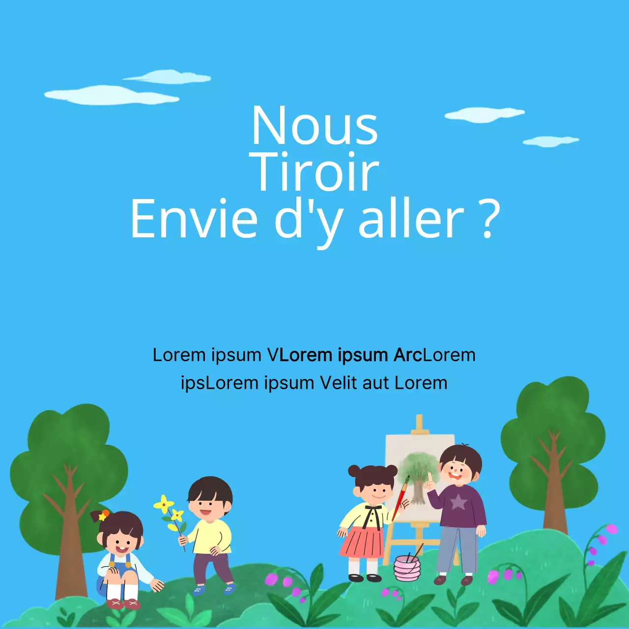 Publicité pour une école d'art pour les élèves de l'école primaire en bleu.