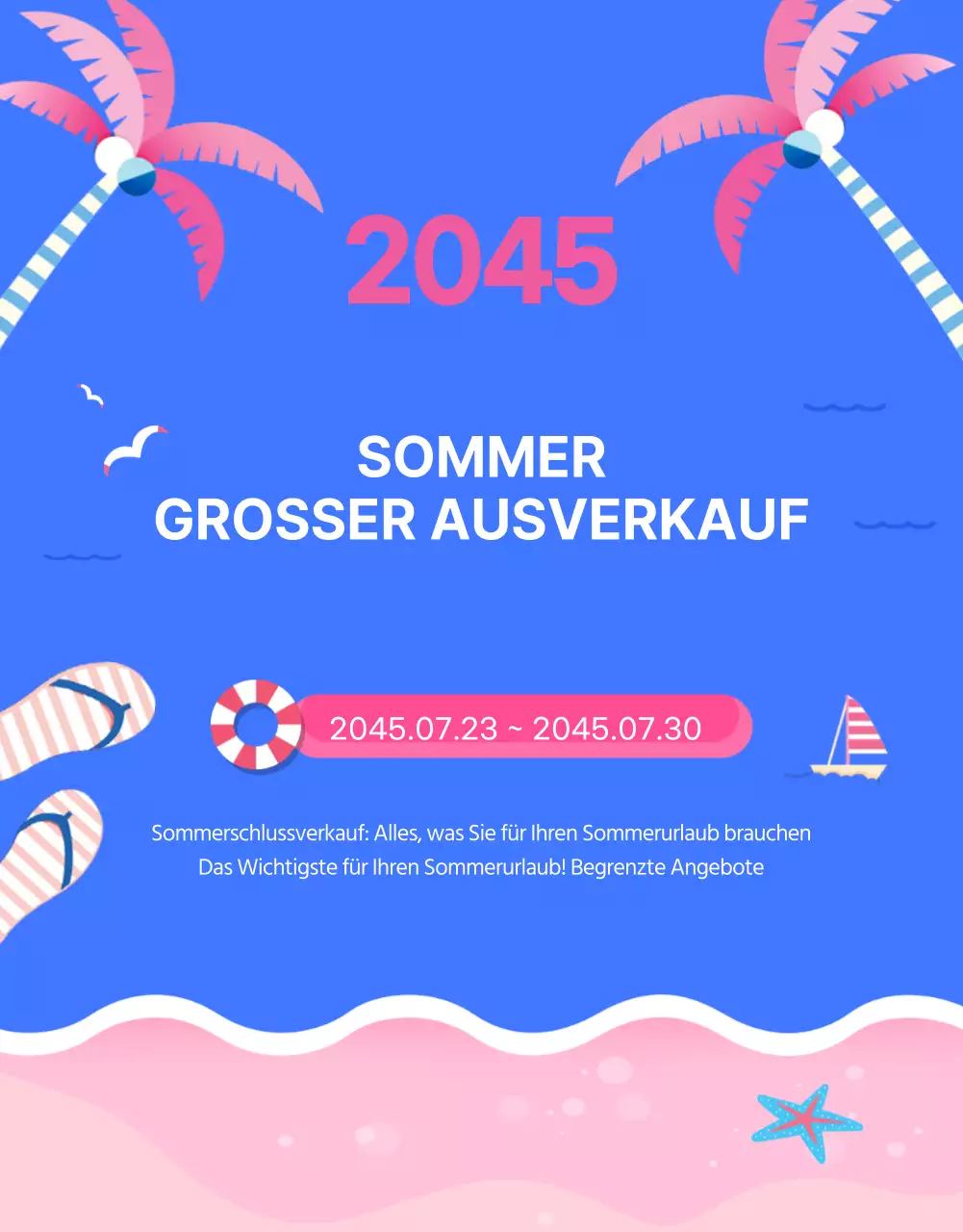 Werben Sie für Ihren großen Sommerschlussverkauf mit blauen und rosafarbenen Farbtupfern