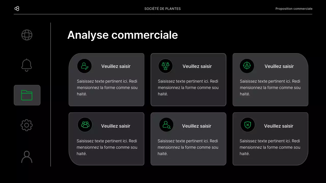 Proposition d'affaires pour une entreprise avec un concept de feuilles naturelles noires et vertes