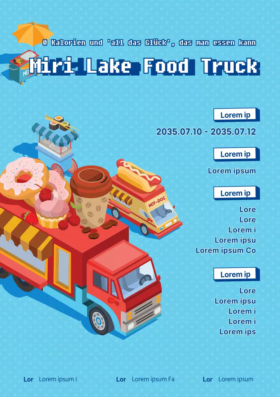 Eine niedliche Illustration mit hellblauem Hintergrund stellt das Food Truck Event vor