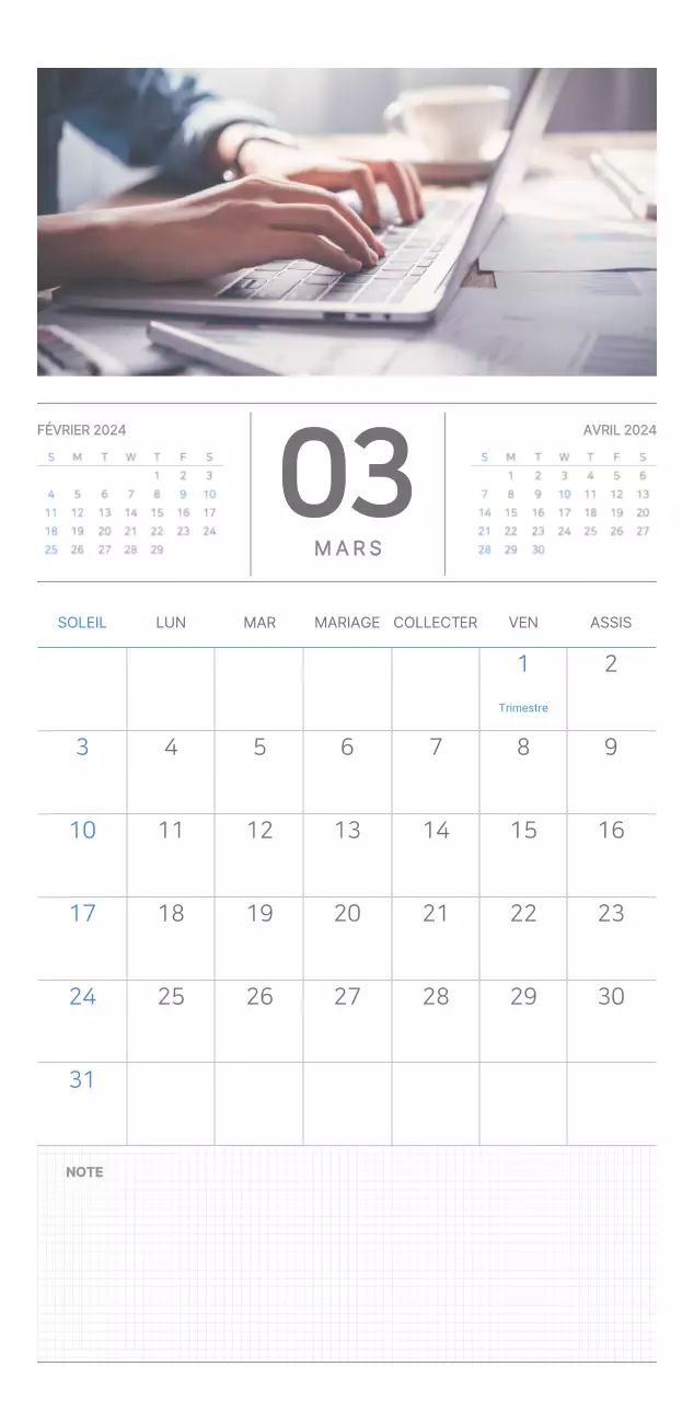 Calendrier mural bleu et blanc avec un concept d'entreprise simple