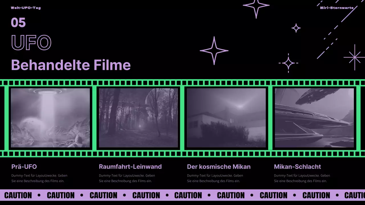 Einführung in den Welt-UFO-Tag mit lila und grünen Akzenten auf schwarzem Hintergrund