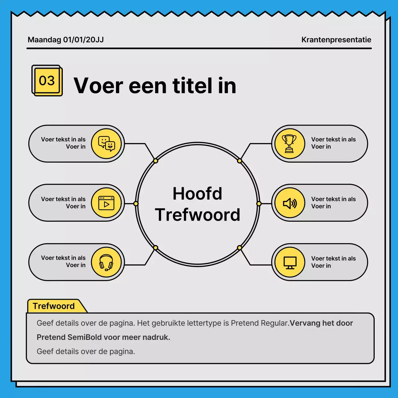 Gedurfd, opvallend kaartnieuws in een krantenconcept met gele en lichtblauwe accentkleuren