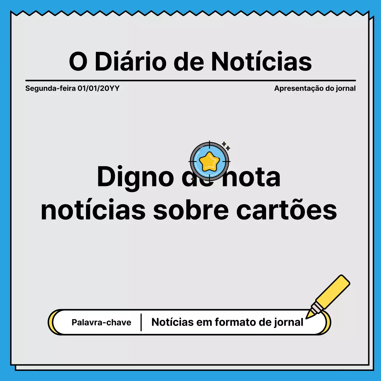 Cartão de notícias arrojado e apelativo num conceito de jornal com cores de destaque em amarelo e azul claro