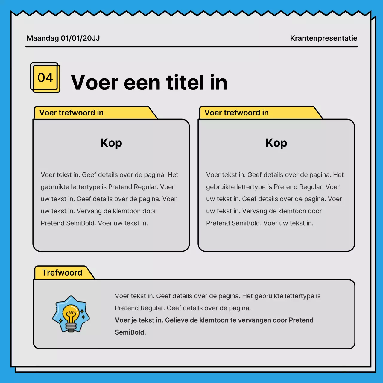Gedurfd, opvallend kaartnieuws in een krantenconcept met gele en lichtblauwe accentkleuren