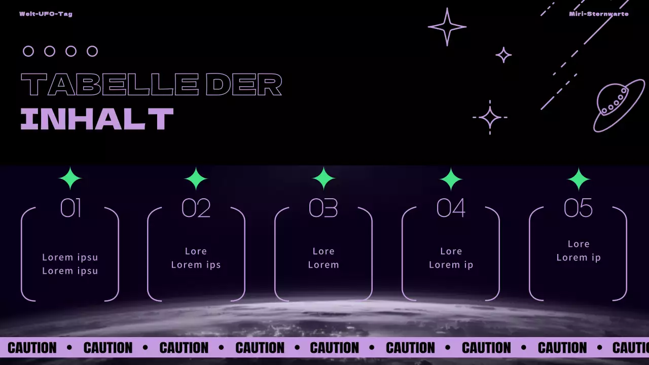 Einführung in den Welt-UFO-Tag mit lila und grünen Akzenten auf schwarzem Hintergrund