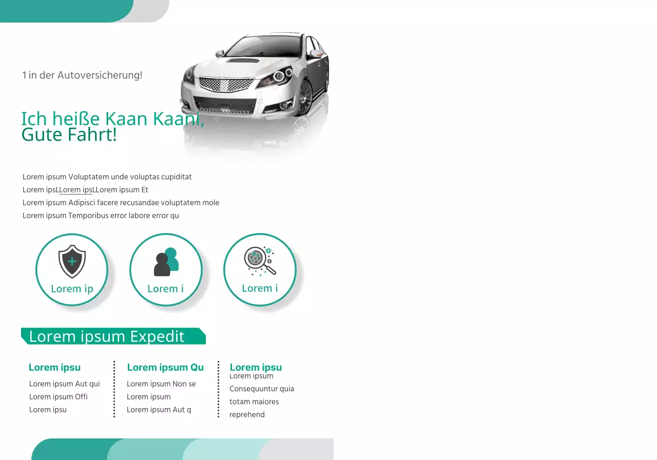Werbung für Autoversicherungen mit türkisfarbenen und weißen Autofotos und Piktogrammen