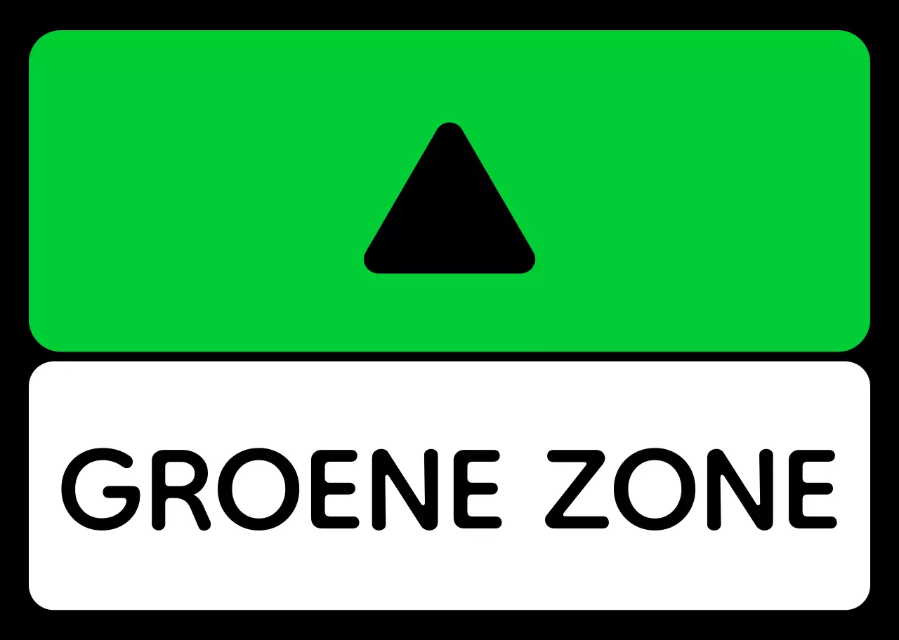 Een eenvoudige zonegids met groene blauwe paarse locatietekst en driehoekige vierkante geometrie
