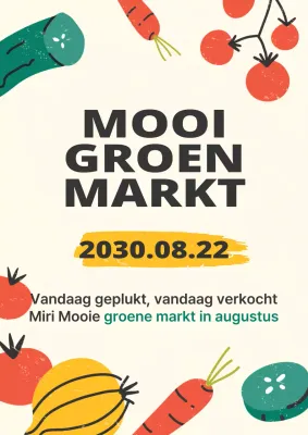 De inhoud van de biologische markt in een gele, doodle-achtige illustratie