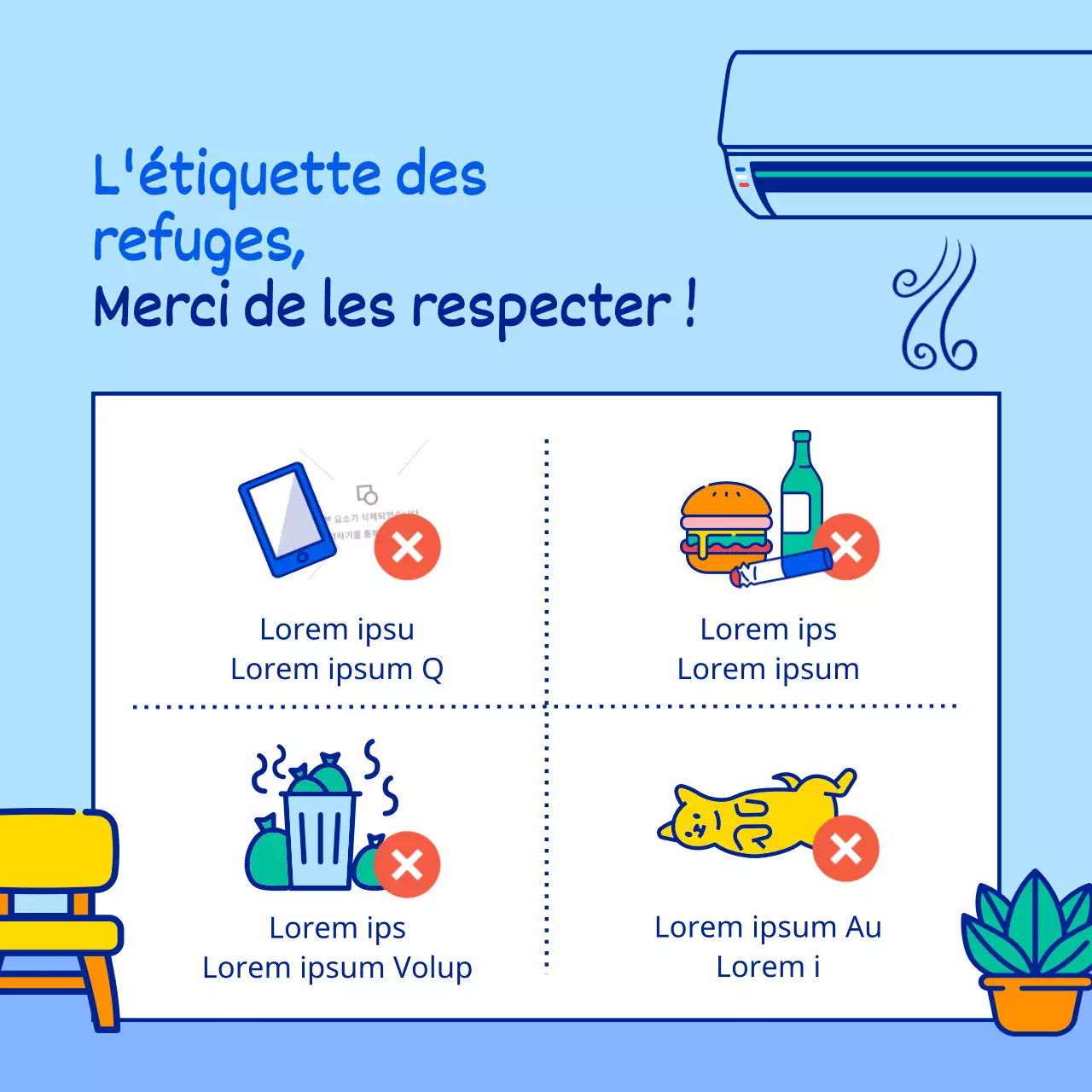 L'horaire des abris en cas de vague de chaleur estivale est illustré par des personnages simples et mignons en bleu clair et en bleu.