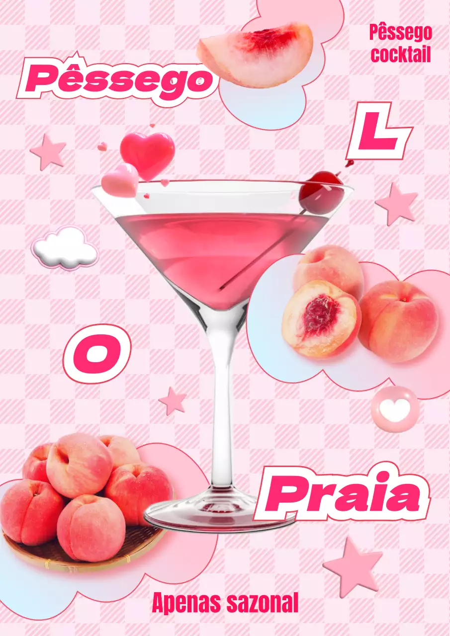 Arte promocional de cocktail de pêssego com emoji 3D cor-de-rosa e azul claro
