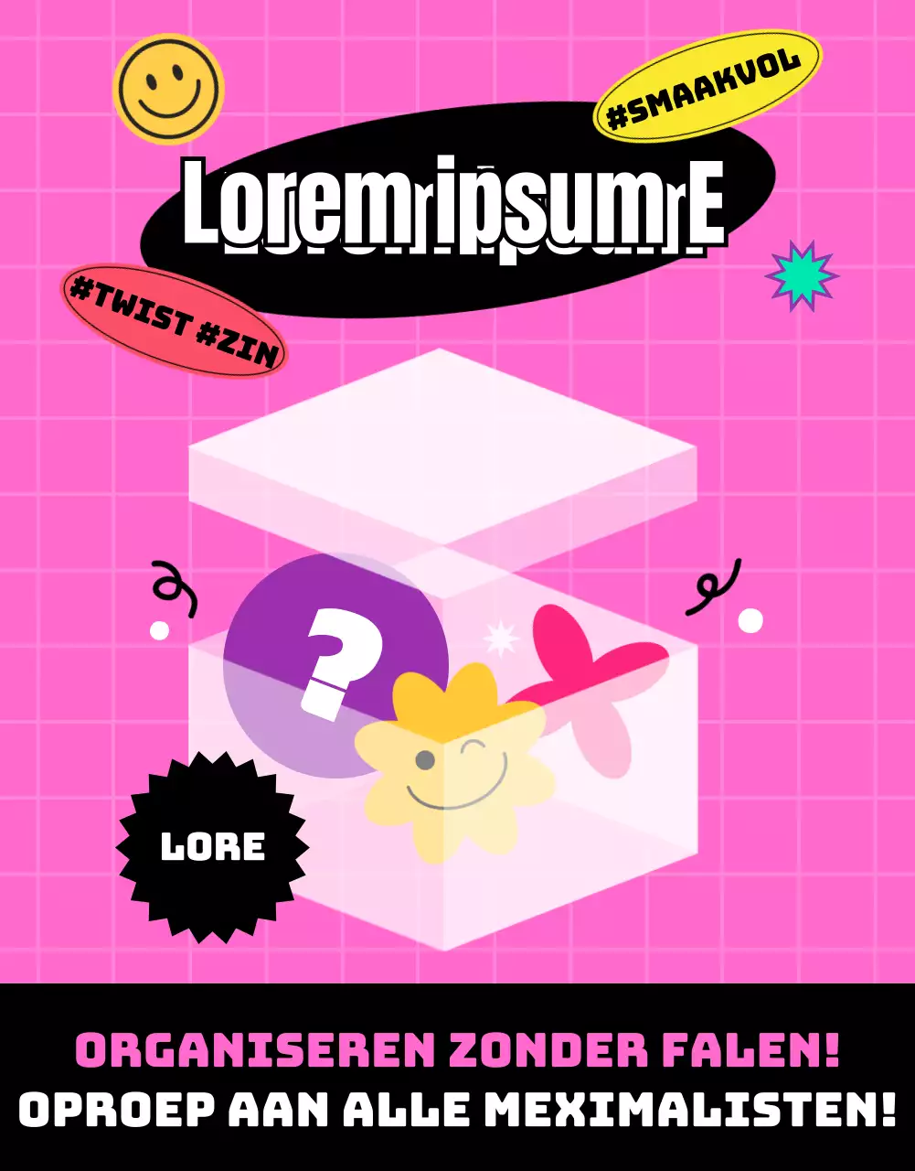 Random Box Event geschreven op een roze whiteboard