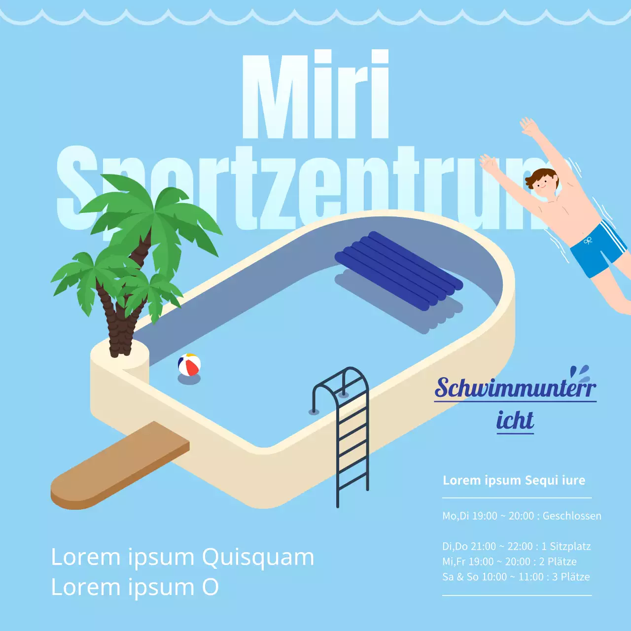 Bewerben Sie den Beginn des Schwimmunterrichts mit einer niedlichen Illustration eines blauen Eiscreme-Pools