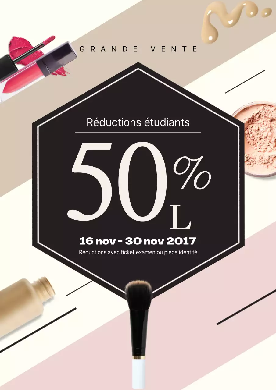 Ouverture d'un nouveau magasin de cosmétiques avec des photos de divers produits cosmétiques de couleur beige