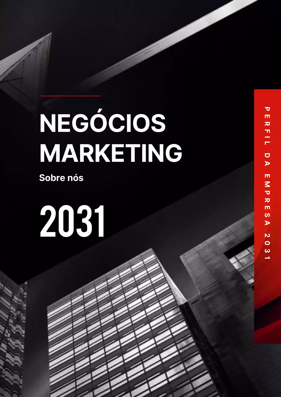 Carta de apresentação comercial com fundo preto e vermelho de um edifício
