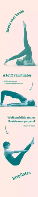 Promotionele banner voor Pilates Basics Open met lichtroze achtergrond
