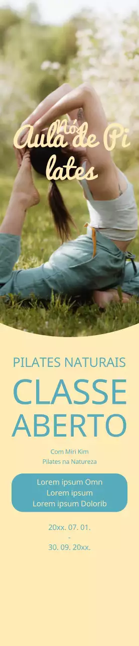 Cartaz de promoção de uma aula de Pilates com um fundo amarelo