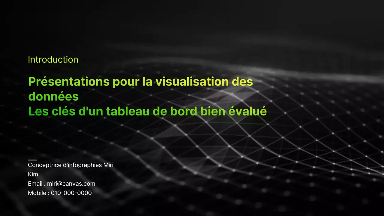 Présentation infographique d'entreprise avec un thème dégradé noir et chartreuse