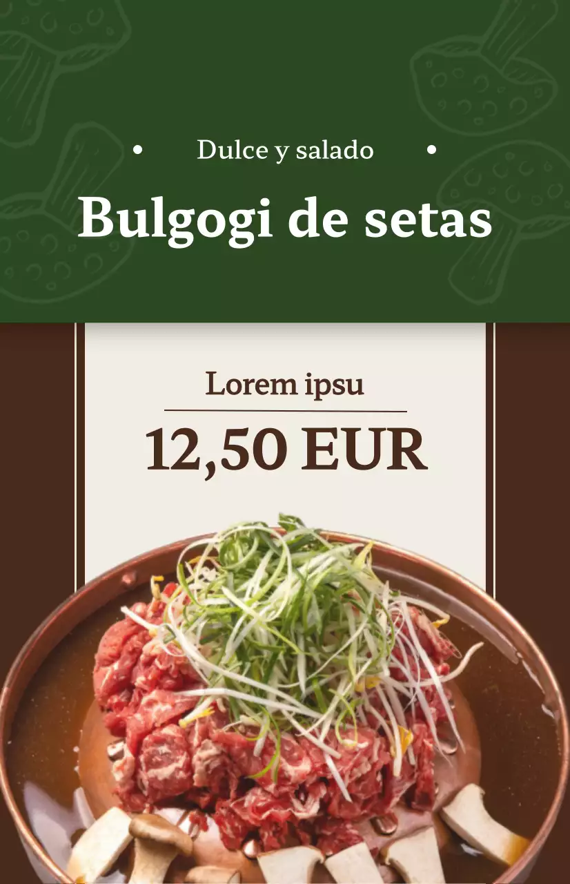 Promoción de un restaurante con imágenes de platos coreanos en diferentes colores