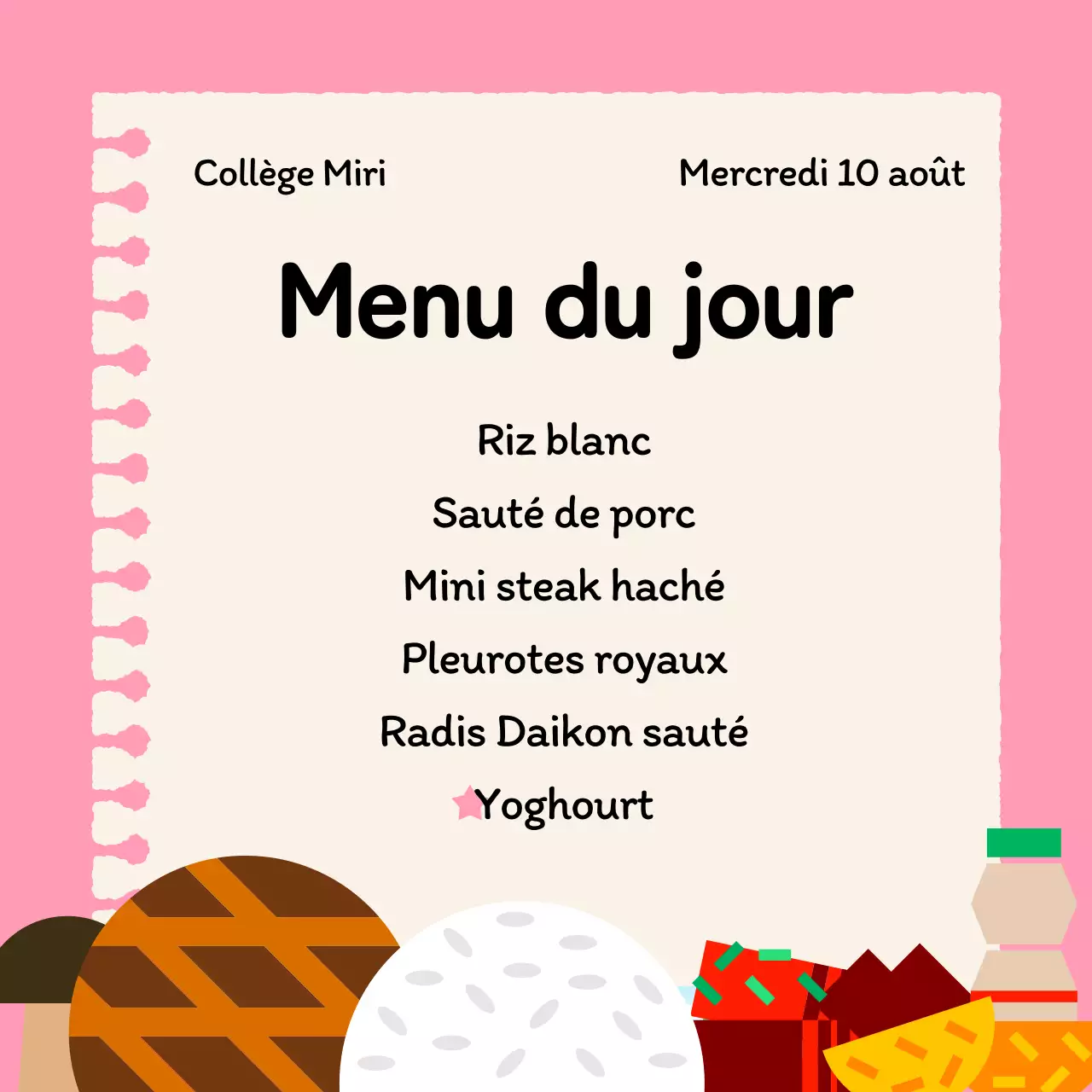 Postes de guide du menu de la cantine scolaire en rose et beige