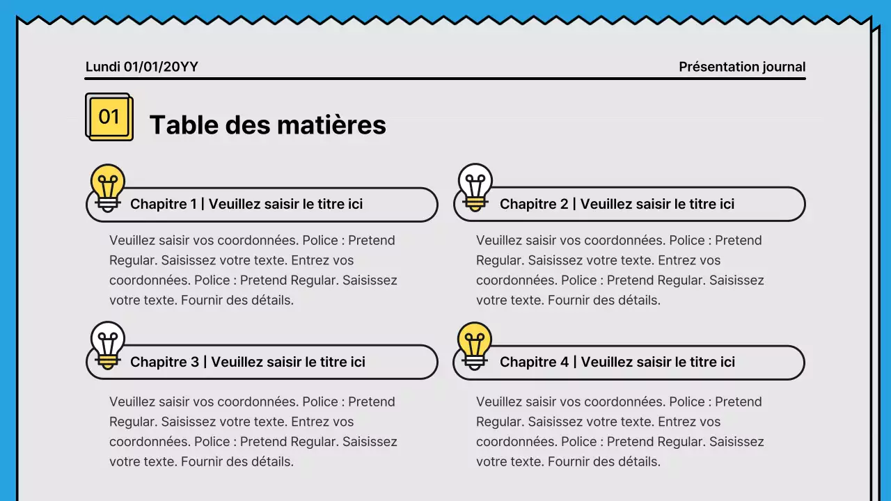 Lignes audacieuses et présentation attirant l'attention dans un concept de journal avec des couleurs d'accent jaune et bleu clair