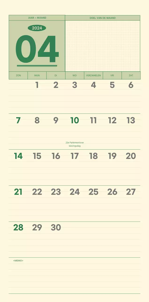 SAT D-day notitieblok concept wandkalender in groen en lichtgeel