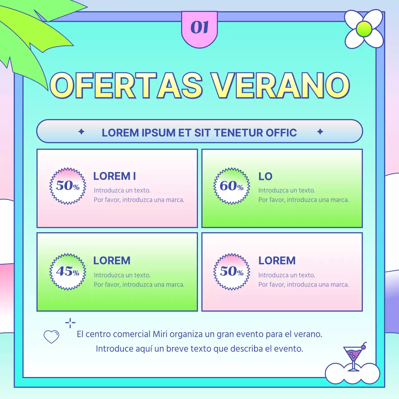 Anuncio de promoción de verano para centros comerciales en amarillo tropical y azul claro