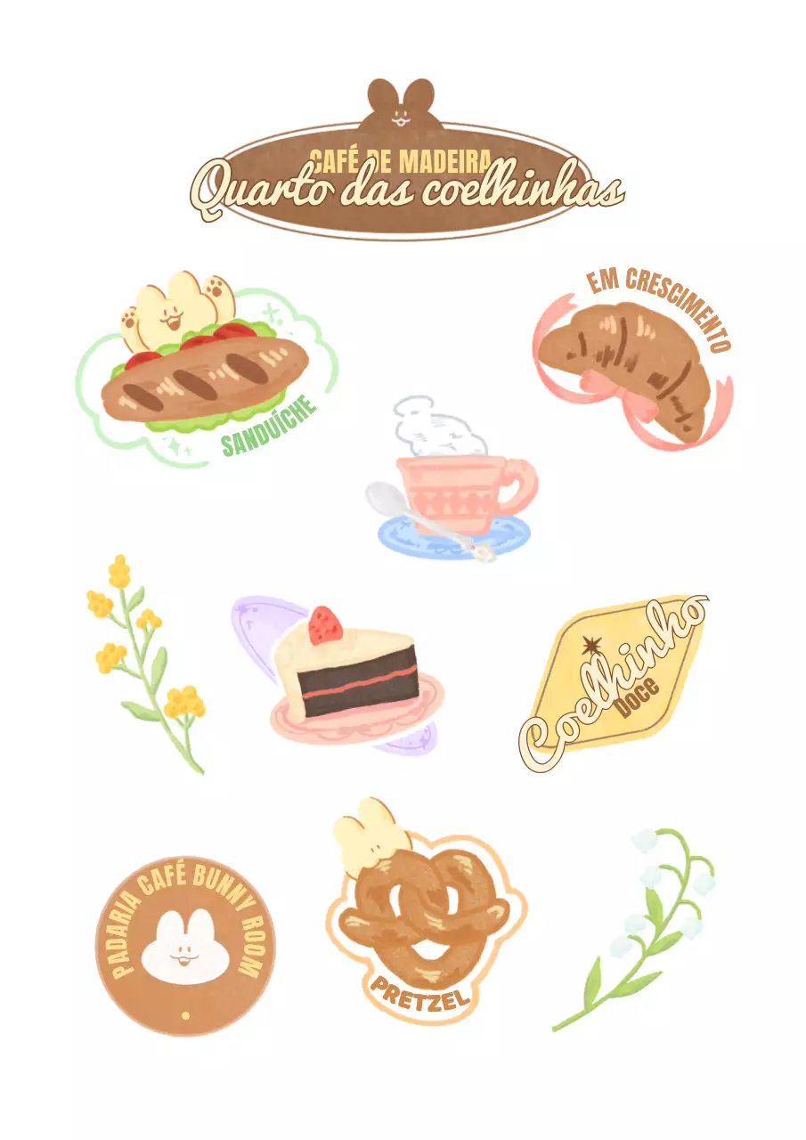 Uma gama de produtos de ilustração de cafés relacionados com pão e café com uma personagem colorida de coelho.