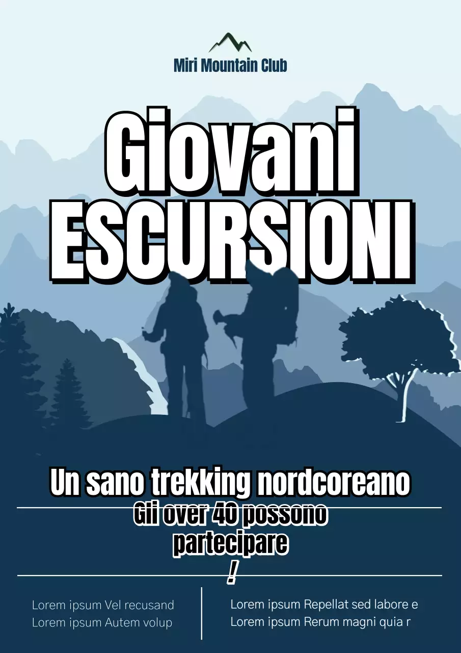 Illustrazione in blu scuro di un avviso di reclutamento di un club di montagna.