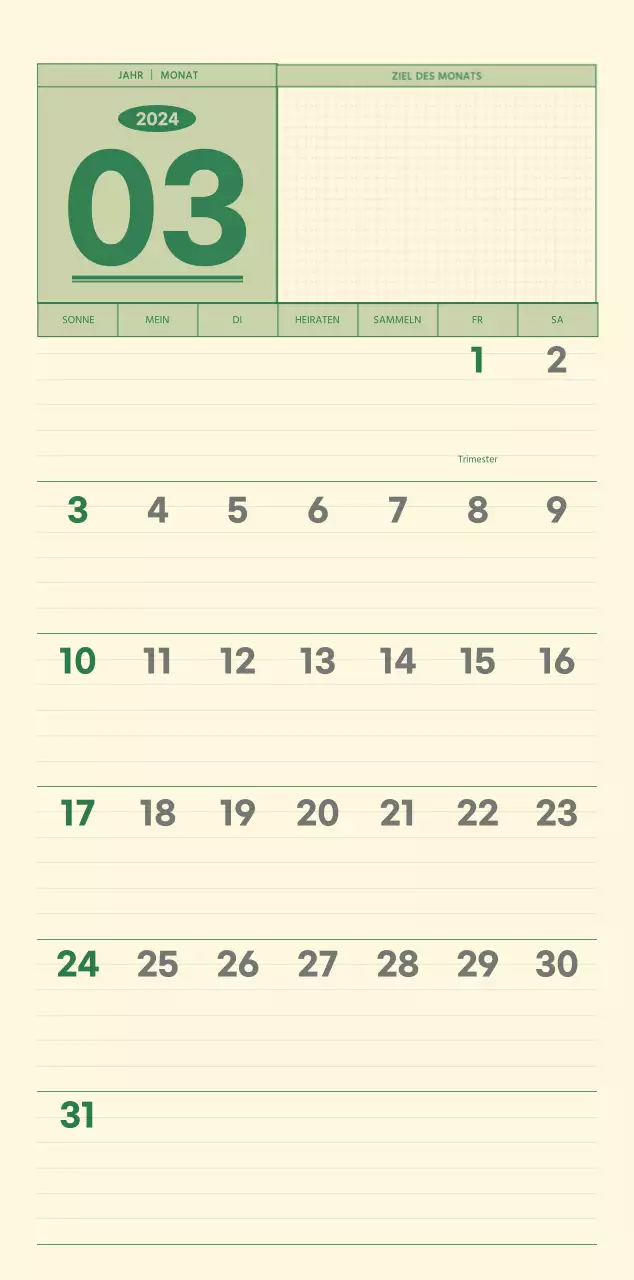 SAT D-day Notizblock Konzept Wandkalender in grün und hellgelb