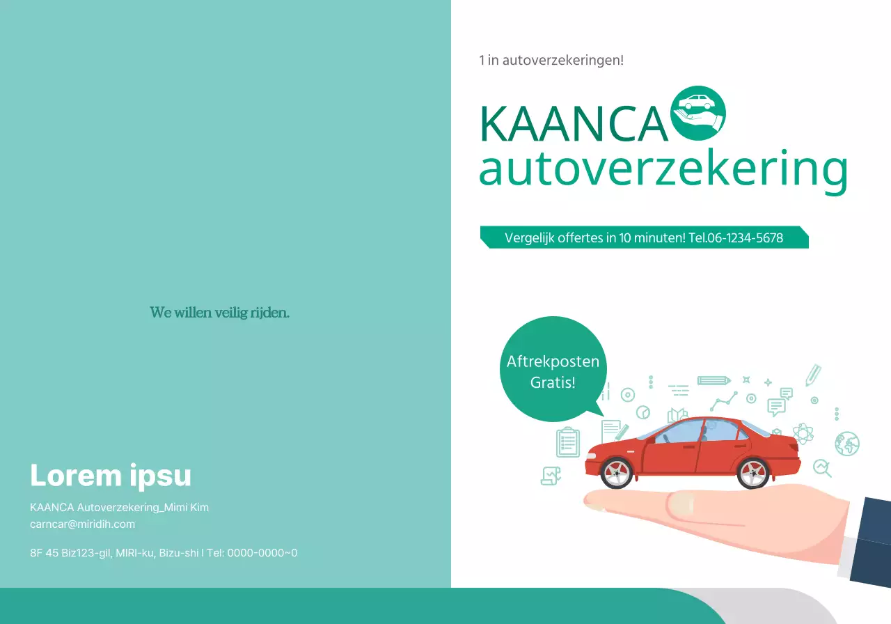 Promoot autoverzekeringen met turquoise en witte autofoto's en pictogrammen