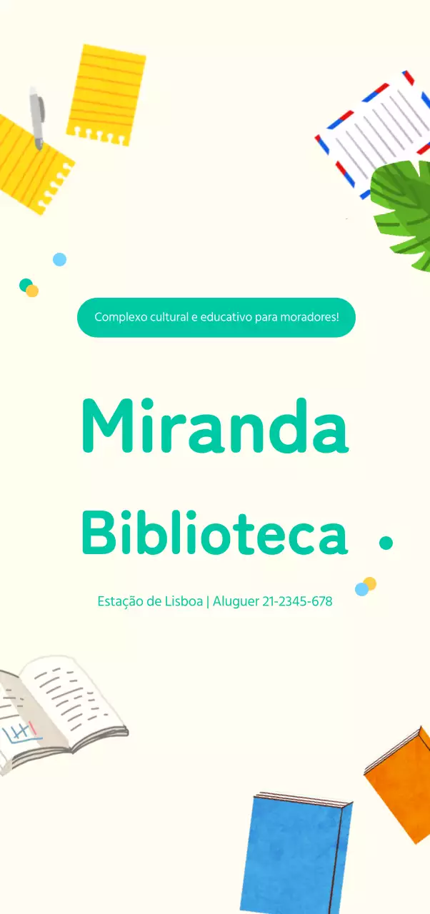 Ilustração de um livro emotivo em amarelo e turquesa para promoção de uma biblioteca